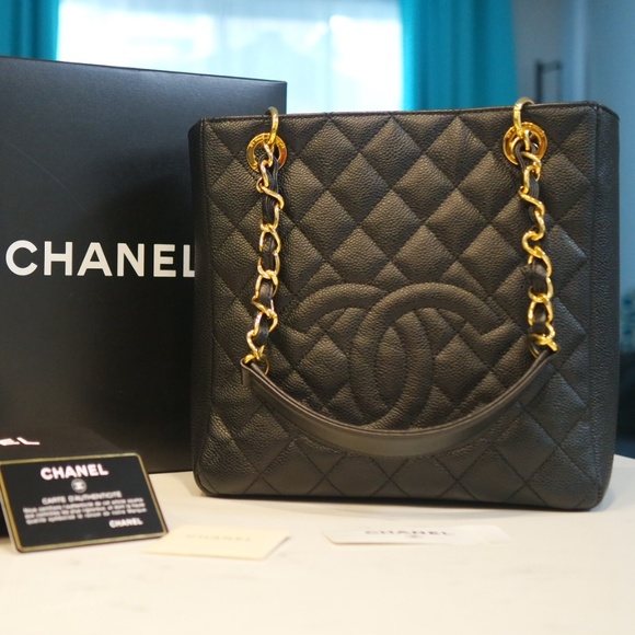 CHANEL Handbags - Chanel Petite Shopping Tote PST Black Caviar Gold